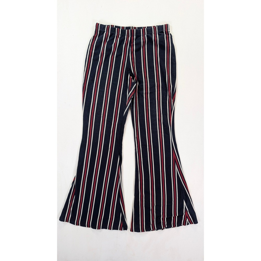 LA Gypsy Striped Flare Pants Womens Large Navy Red Boho Bell Bottom Pull On